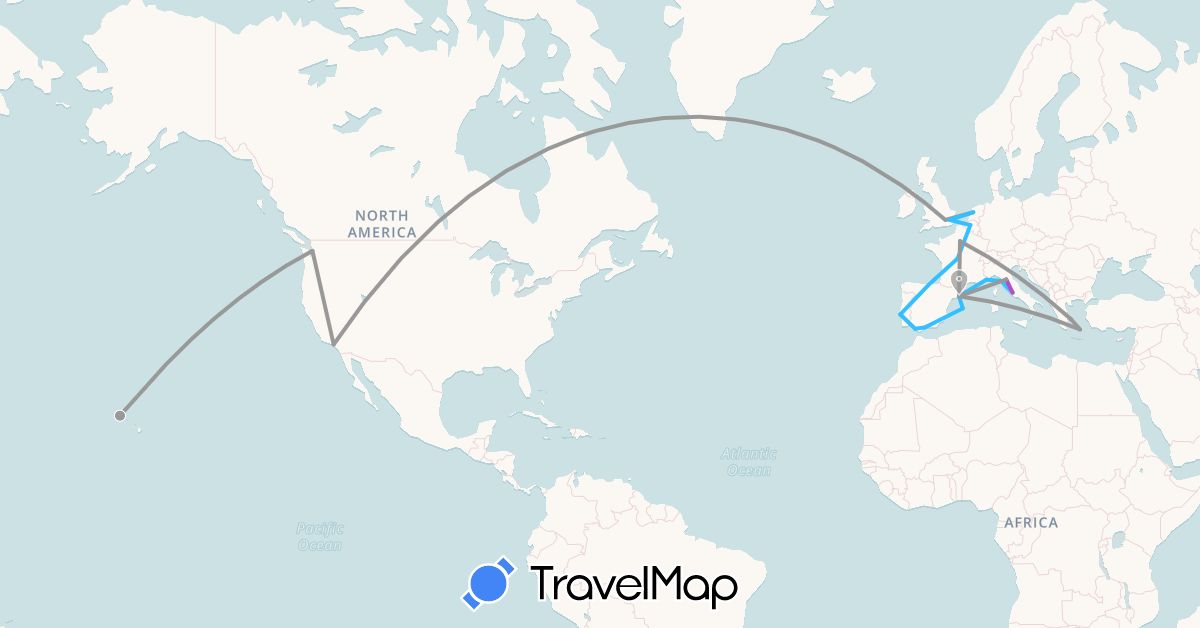TravelMap itinerary: driving, plane, train, boat in Belgium, Spain, France, United Kingdom, Greece, Italy, Monaco, Netherlands, Portugal, United States (Europe, North America)